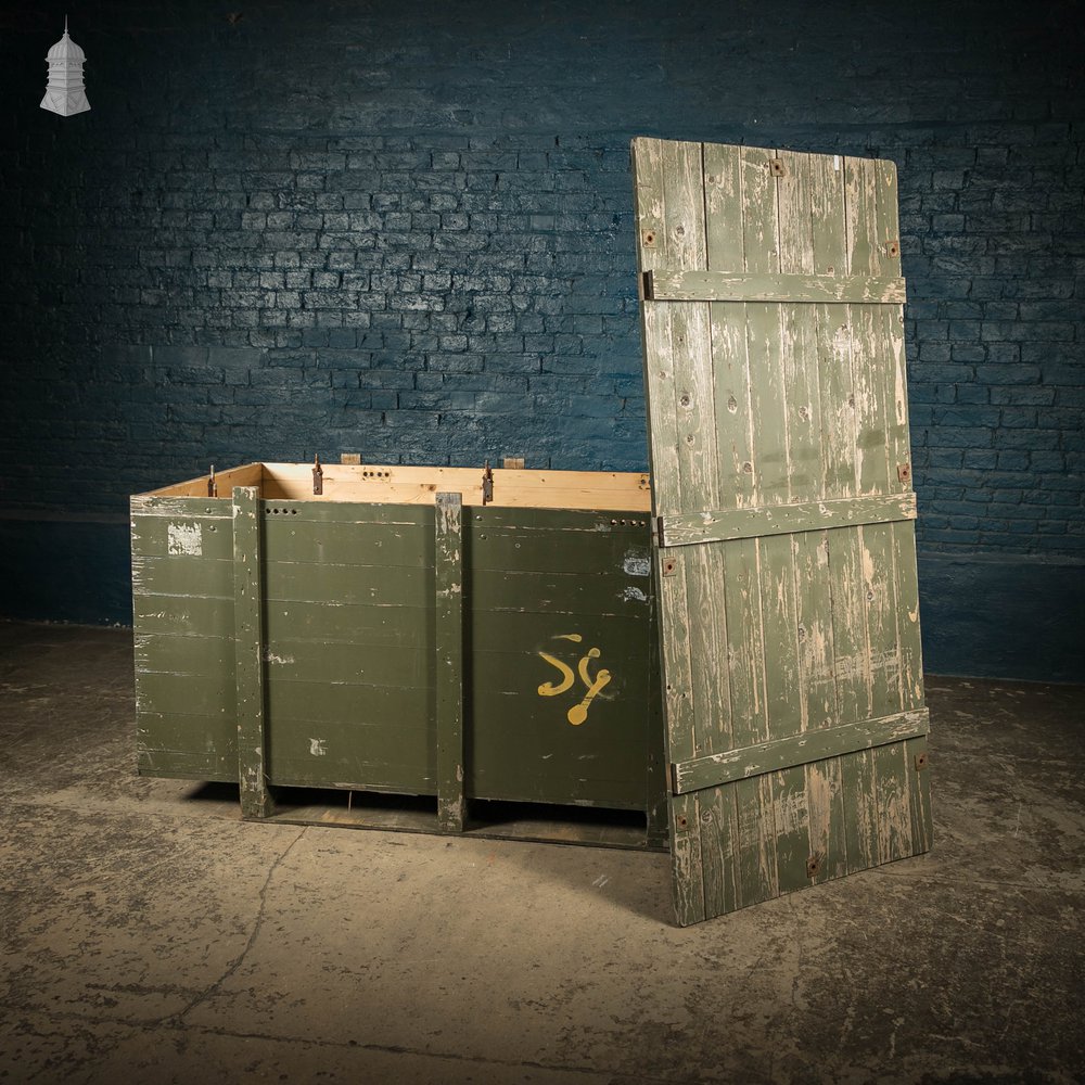 Military Shipping Crates, Pair of Green painted Wooden Aircraft Part Shipping Boxes Reclaimed from a Norfolk RAF Base