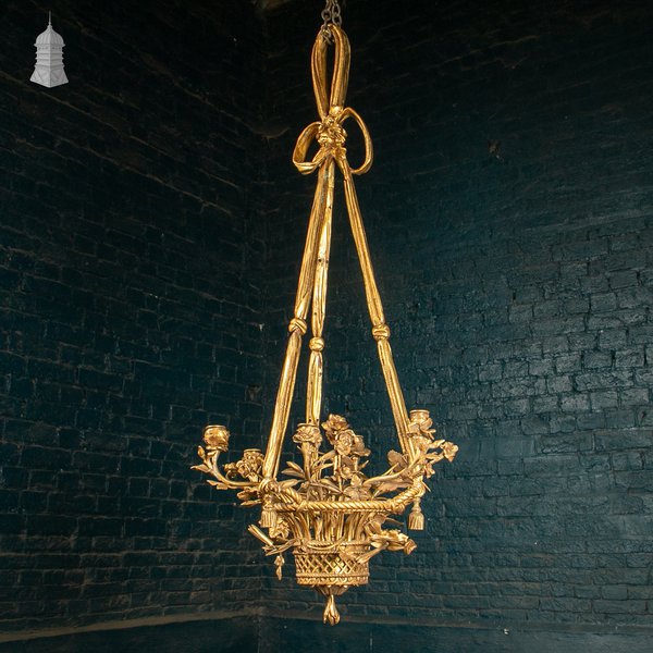 Antique Six Candle Basket Chandelier with Floral, Ribbon & Tassel Decoration