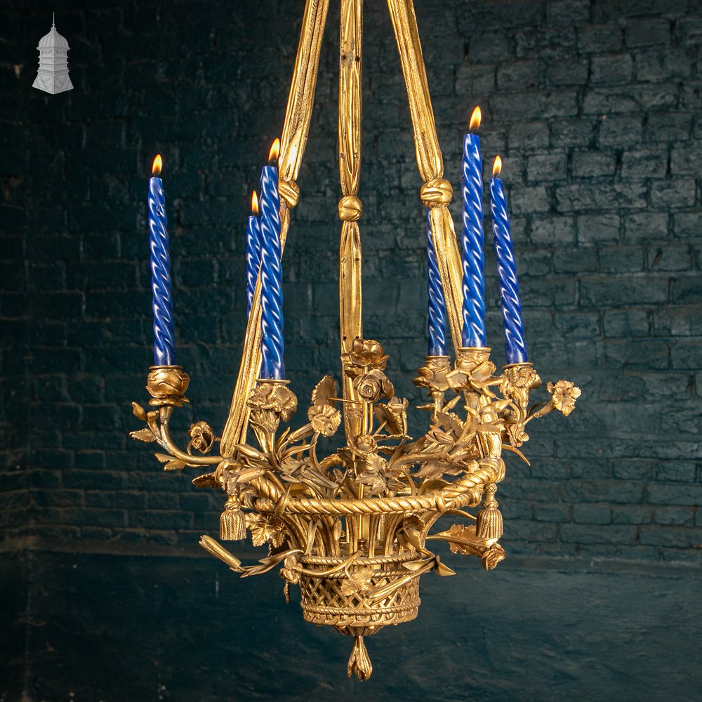 Antique Six Candle Basket Chandelier with Floral, Ribbon & Tassel Decoration