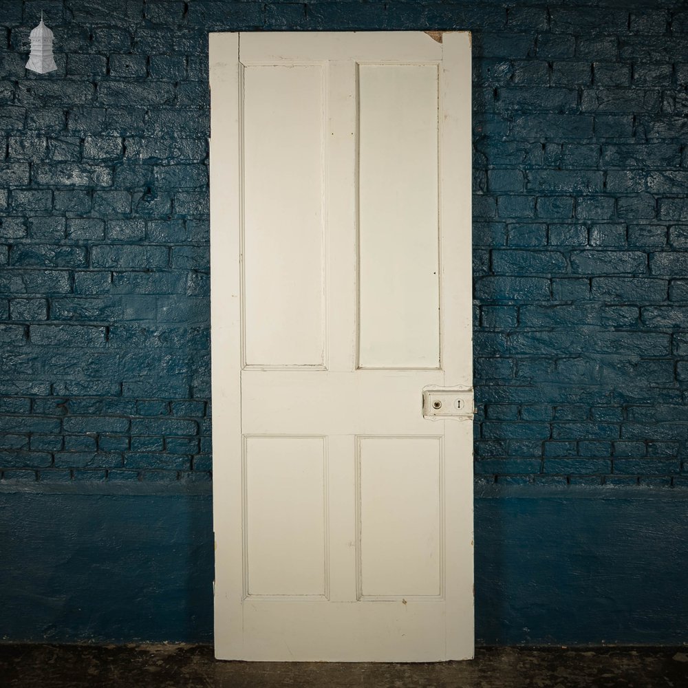 Pine Panelled Door, Moulded 19th C 4 Panel, White Painted