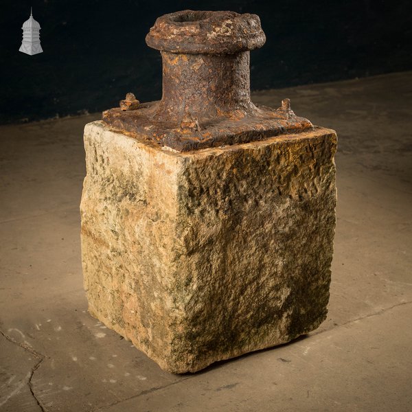 Stone Plinth Stanchion Base, Sandstone and Cast Iron