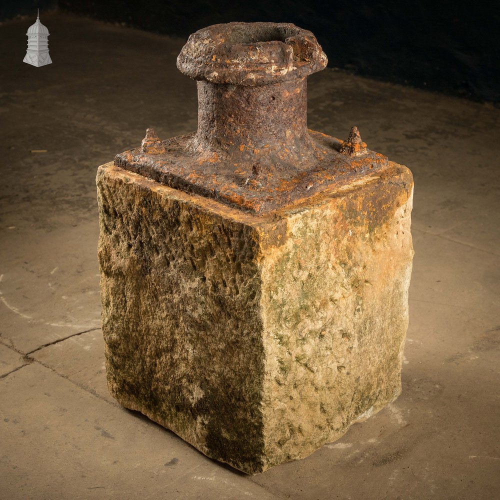 Stone Plinth Stanchion Base, Sandstone and Cast Iron