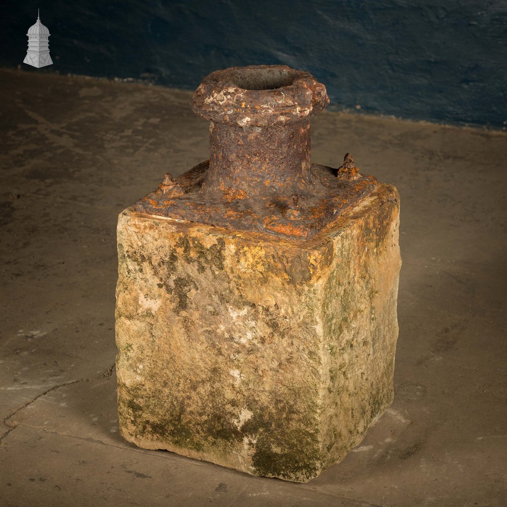Stone Plinth Stanchion Base, Sandstone and Cast Iron