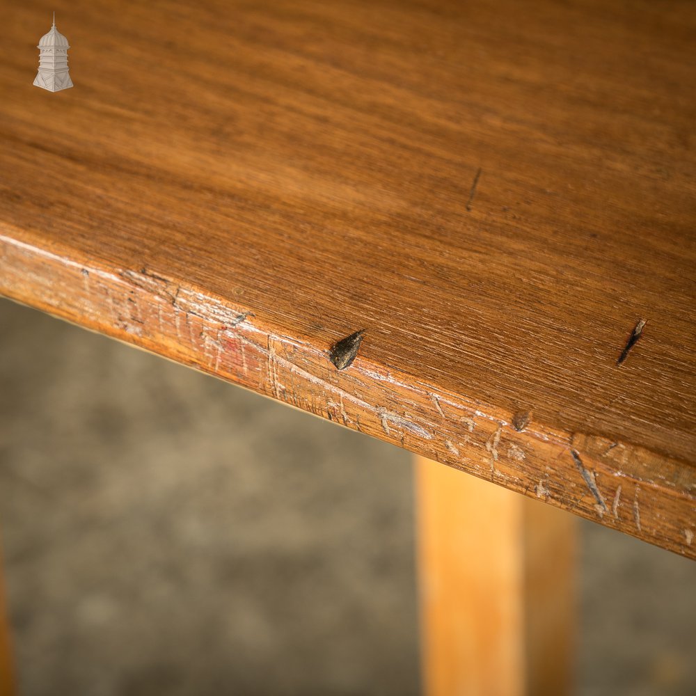 School Workbench Table, Mid Century, Beech H stretcher base with Iroko top