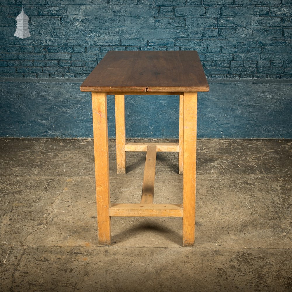 School Workbench Table, Mid Century, Beech H stretcher base with Iroko top