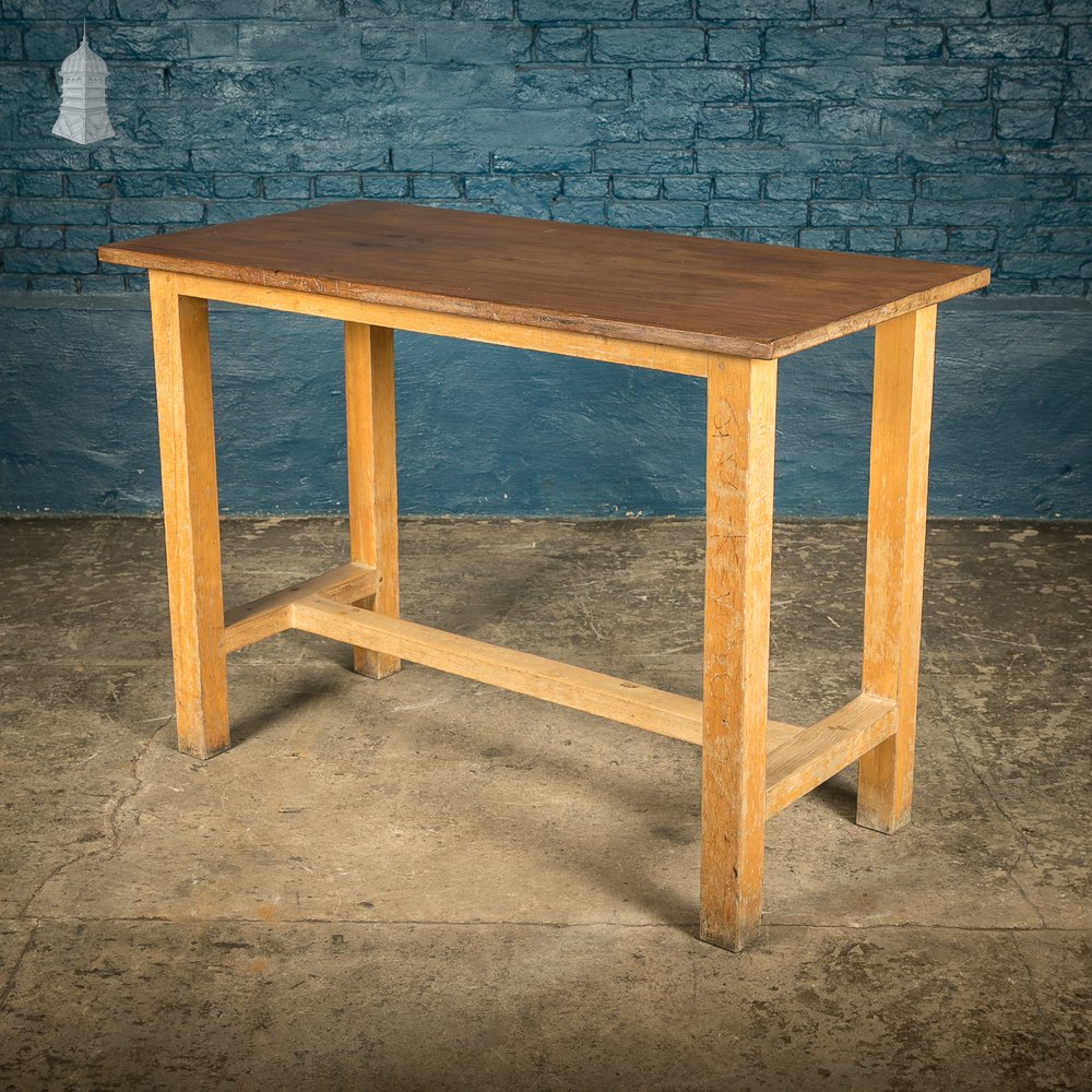 School Workbench Table, Mid Century, Beech H stretcher base with Iroko top