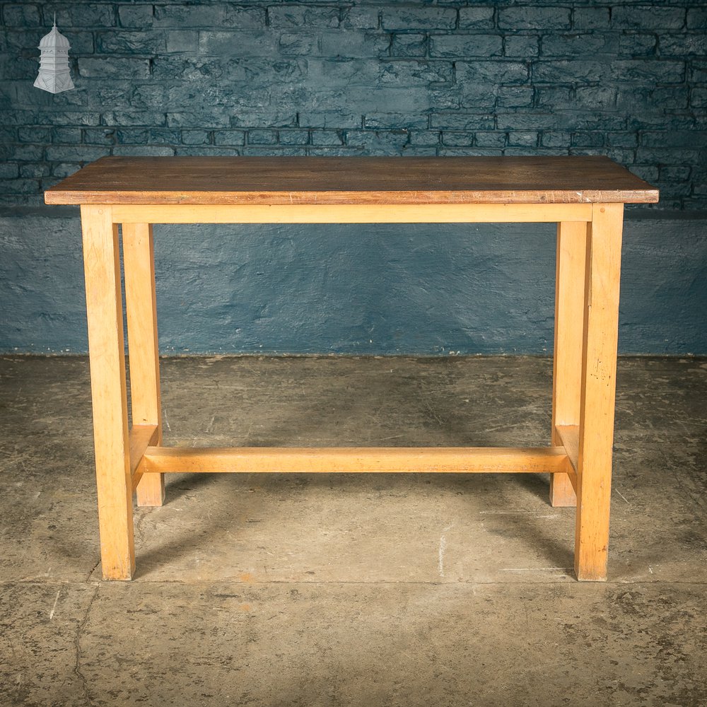 School Workbench Table, Beech H stretcher base with Iroko top, Mid Century