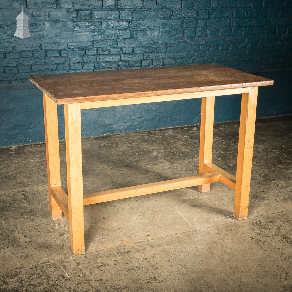 School Workbench Table, Beech H stretcher base with Iroko top, Mid Century