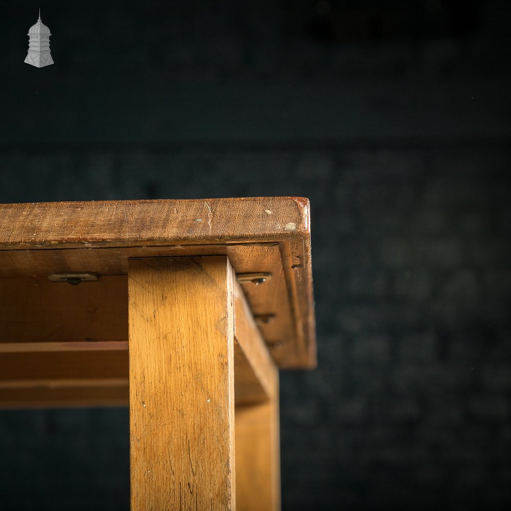 School Workbench Table, Beech H stretcher base with Iroko top, Mid Century