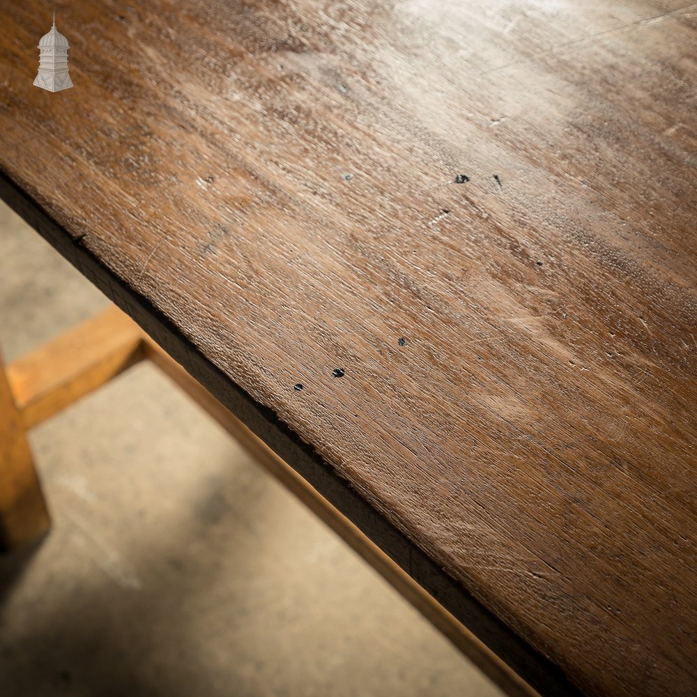 School Workbench Table, Beech H stretcher base with Iroko top, Mid Century