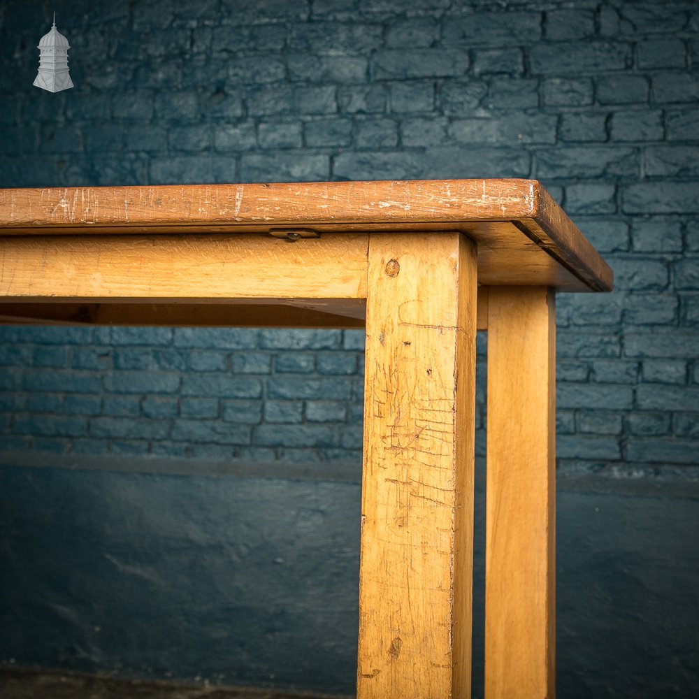 School Workbench Table, Mid Century Beech H stretcher base with Iroko top