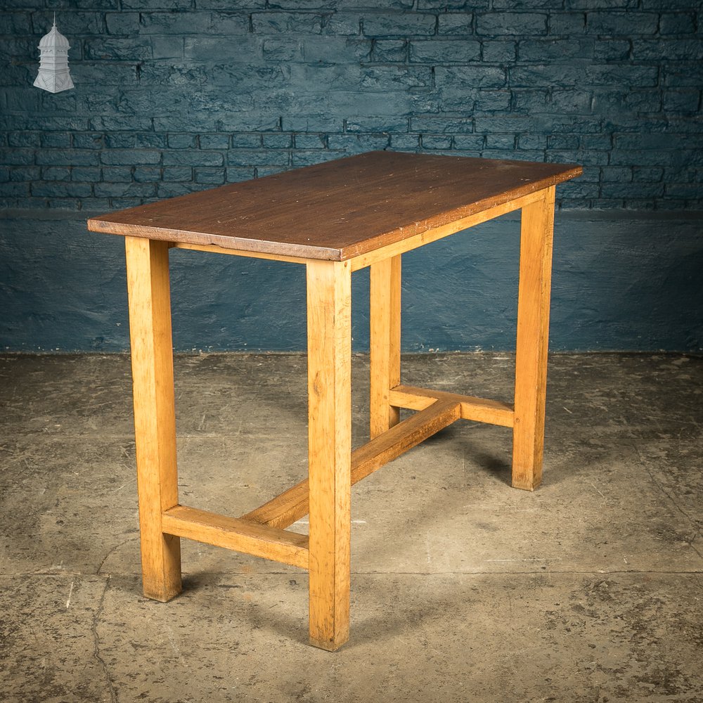 School Workbench Table, Mid Century Beech H stretcher base with Iroko top