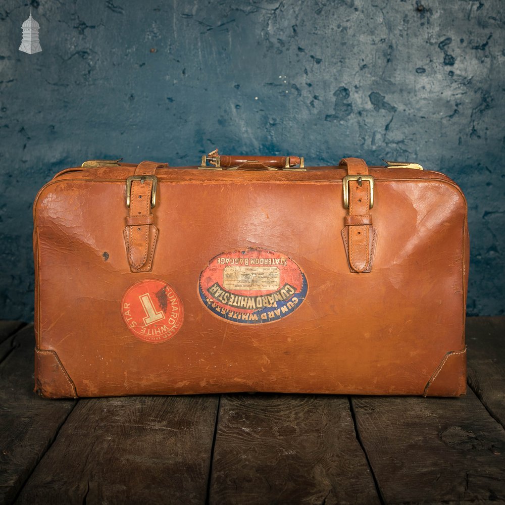 Vintage Leather Suitcase, Original Cunard White Star Line Travel Stickers