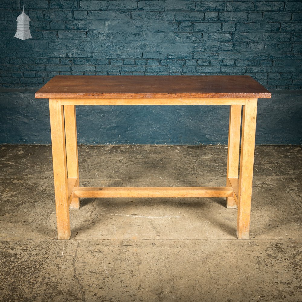 School Workbench Table, Beech H stretcher base with Iroko top, Mid Century