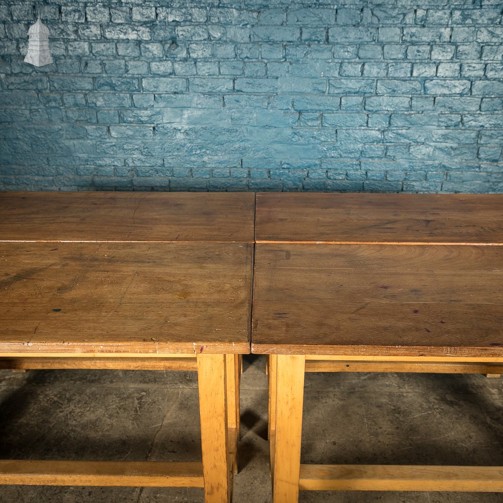 School Workbench Tables, Mid Century, Set of 4, Beech H stretcher bases with Iroko tops