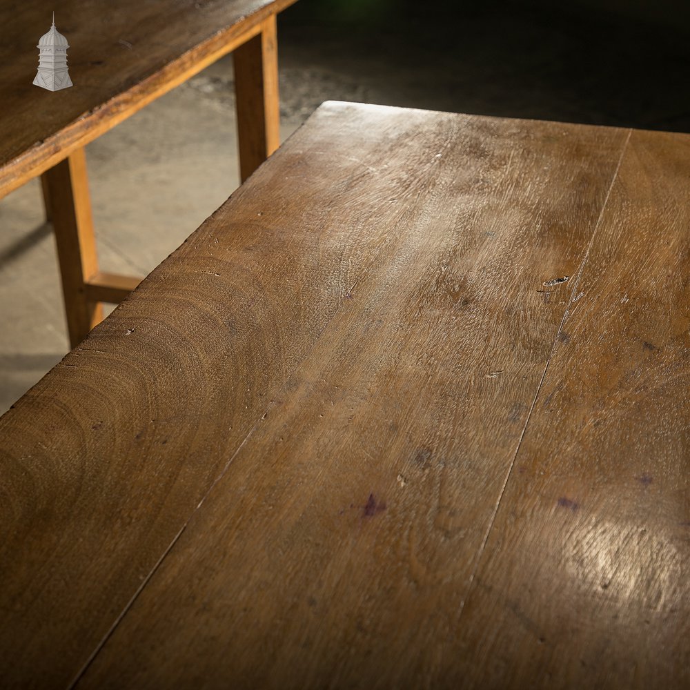 School Workbench Tables, Mid Century, Set of 4, Beech H stretcher bases with Iroko tops