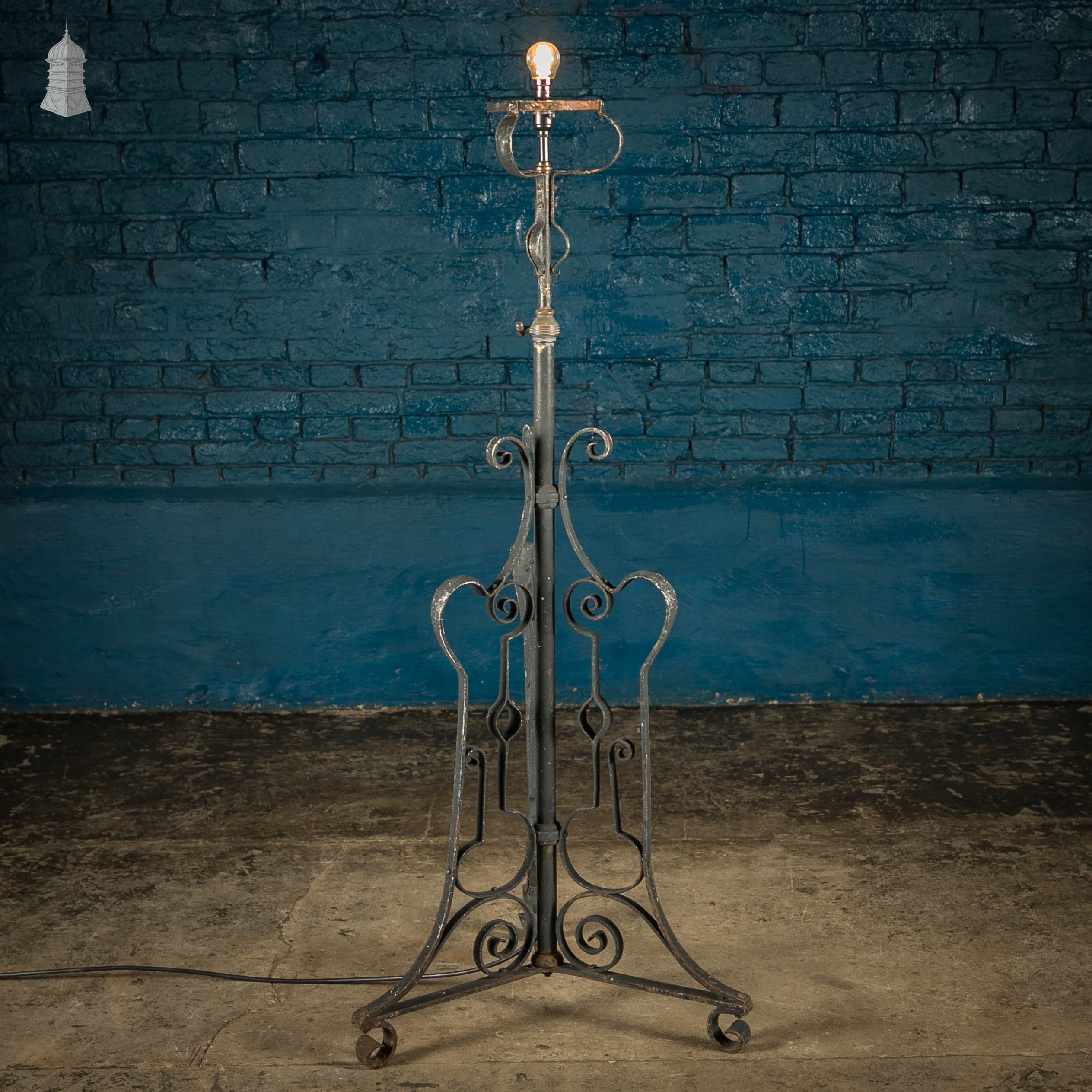 Wrought Iron Lamp Base, 19th C Adjustable Standard Lamp, Black Painted ...