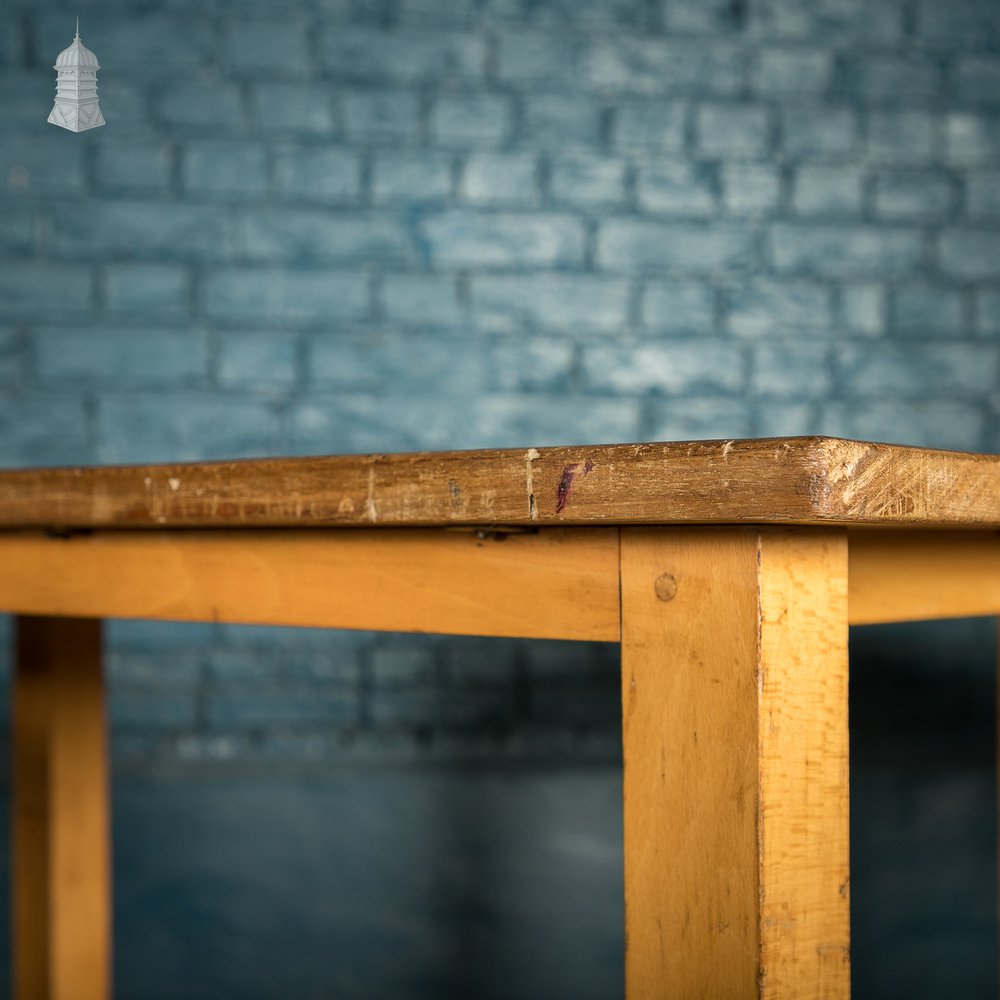 School Workbench Tables, Mid Century, Set of 4, Beech H stretcher bases with Iroko tops