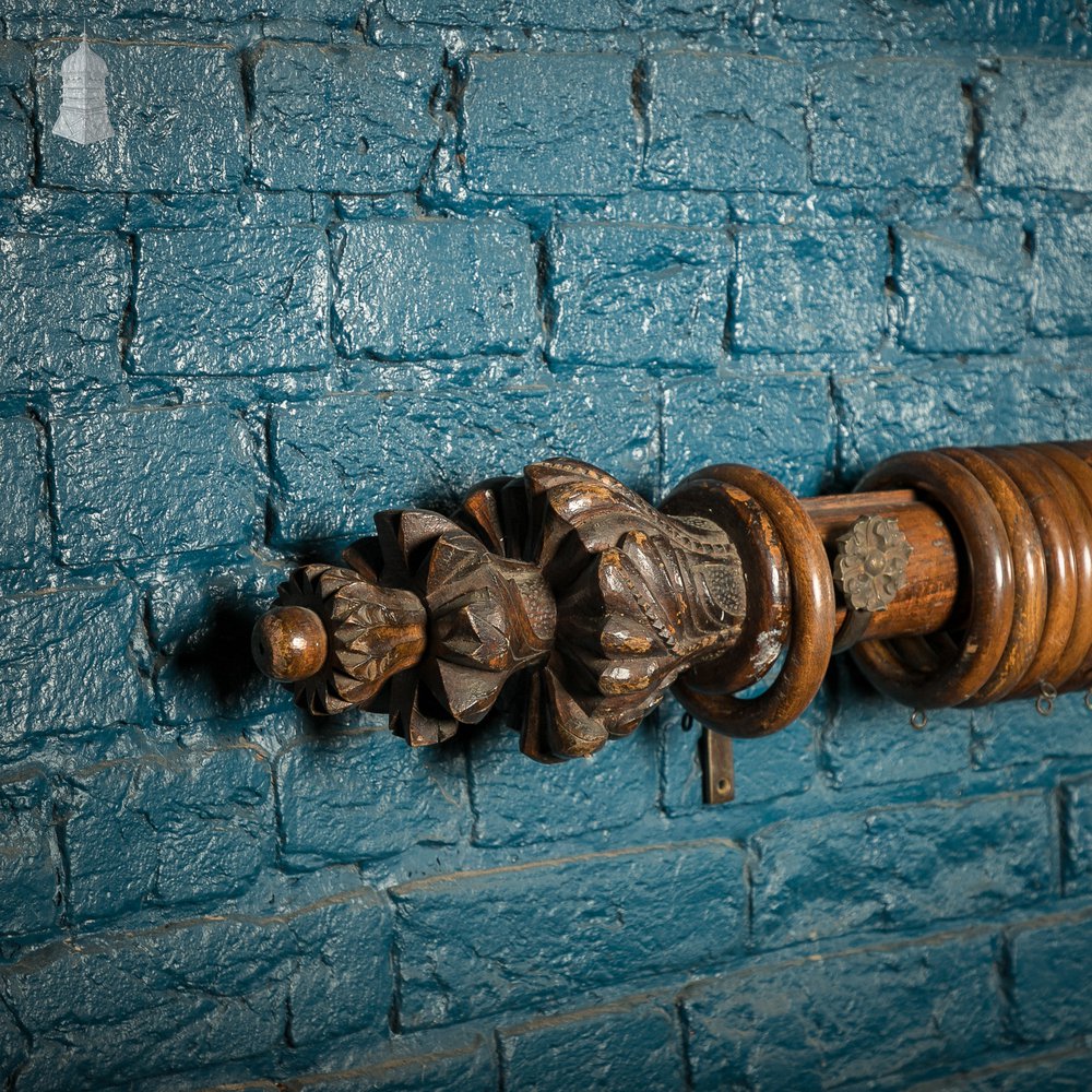 Gothic Curtain Poles, 19th C Matching Pair Solid Oak with Carved Finials