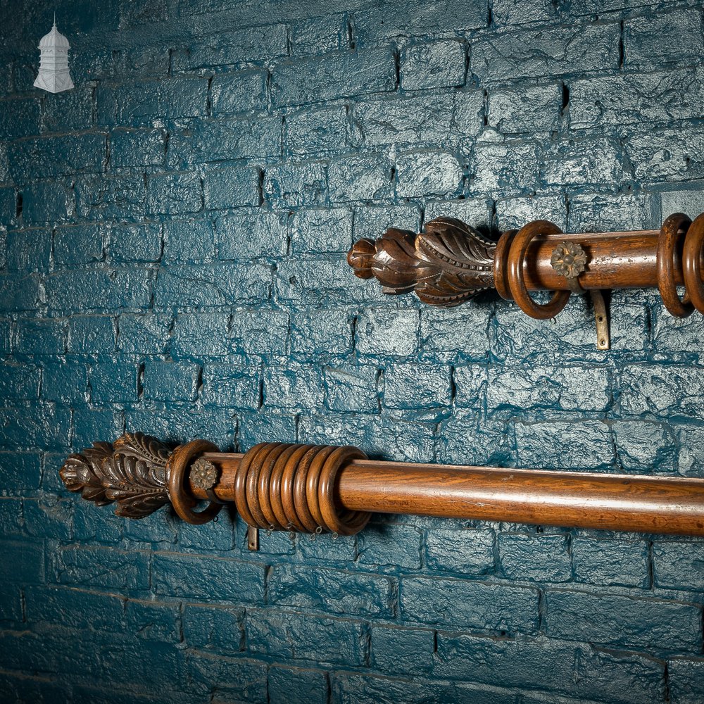 Gothic Curtain Poles, 19th C Matching Pair Solid Oak with Carved Finials