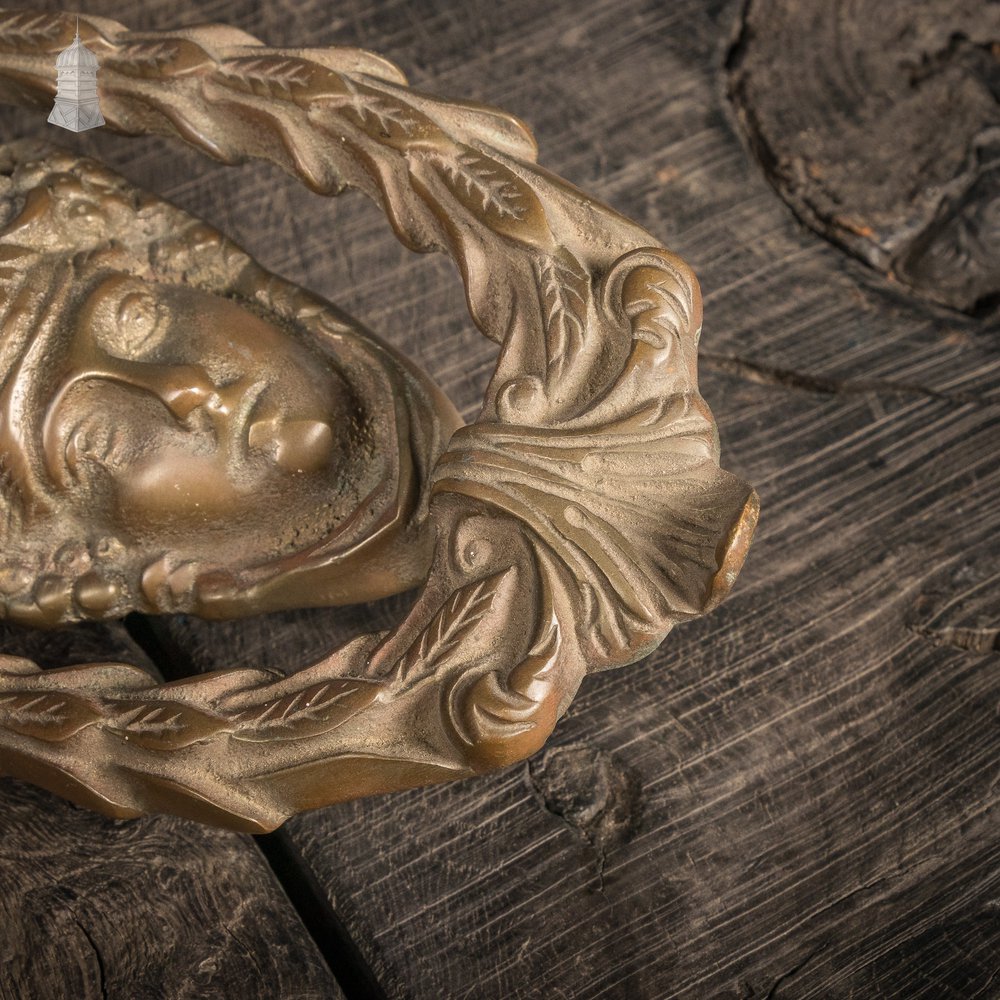 Art Nouveau Door Knocker, Human face with Floral details in Brass