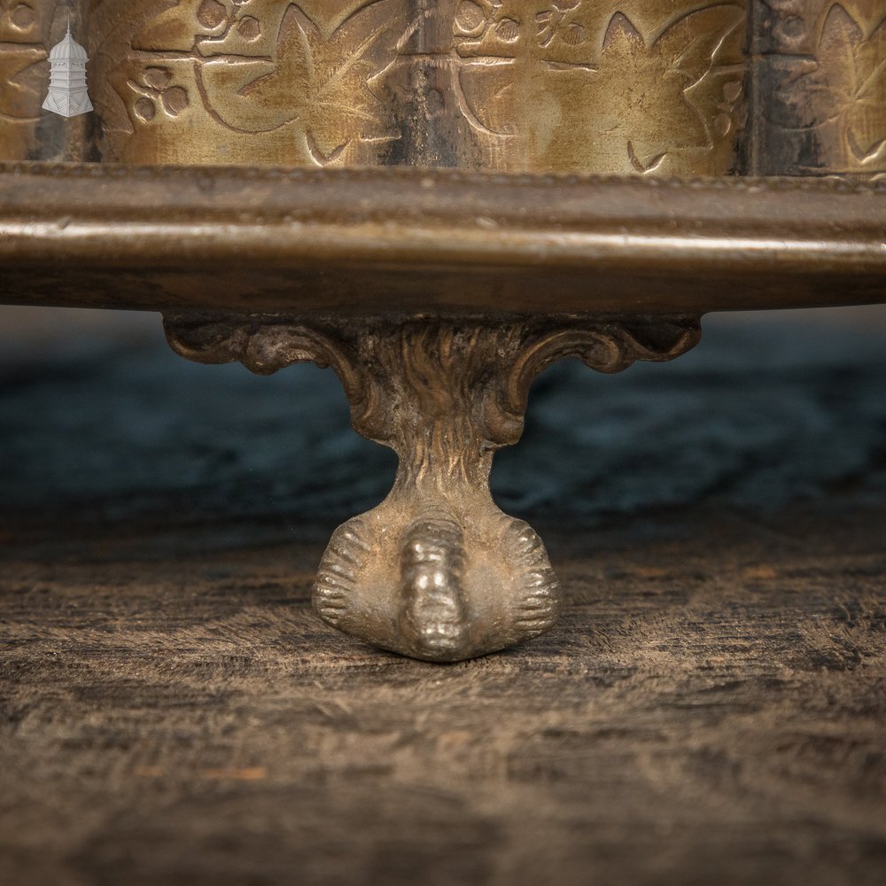 Brass Biscuit Box, 19th C, Brass with Claw Feet and Engraved Details