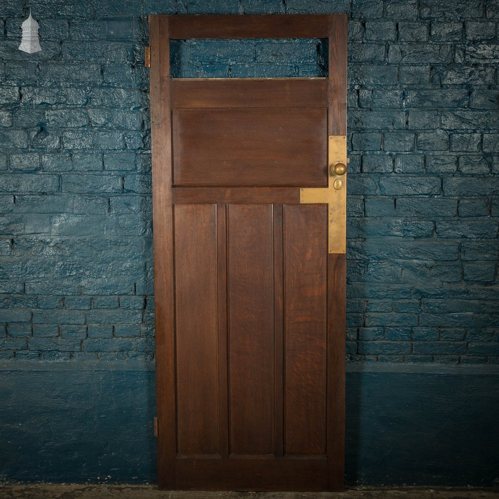 Oak Paneled Door, 5 Panel with Brass Hardware Missing Glazing