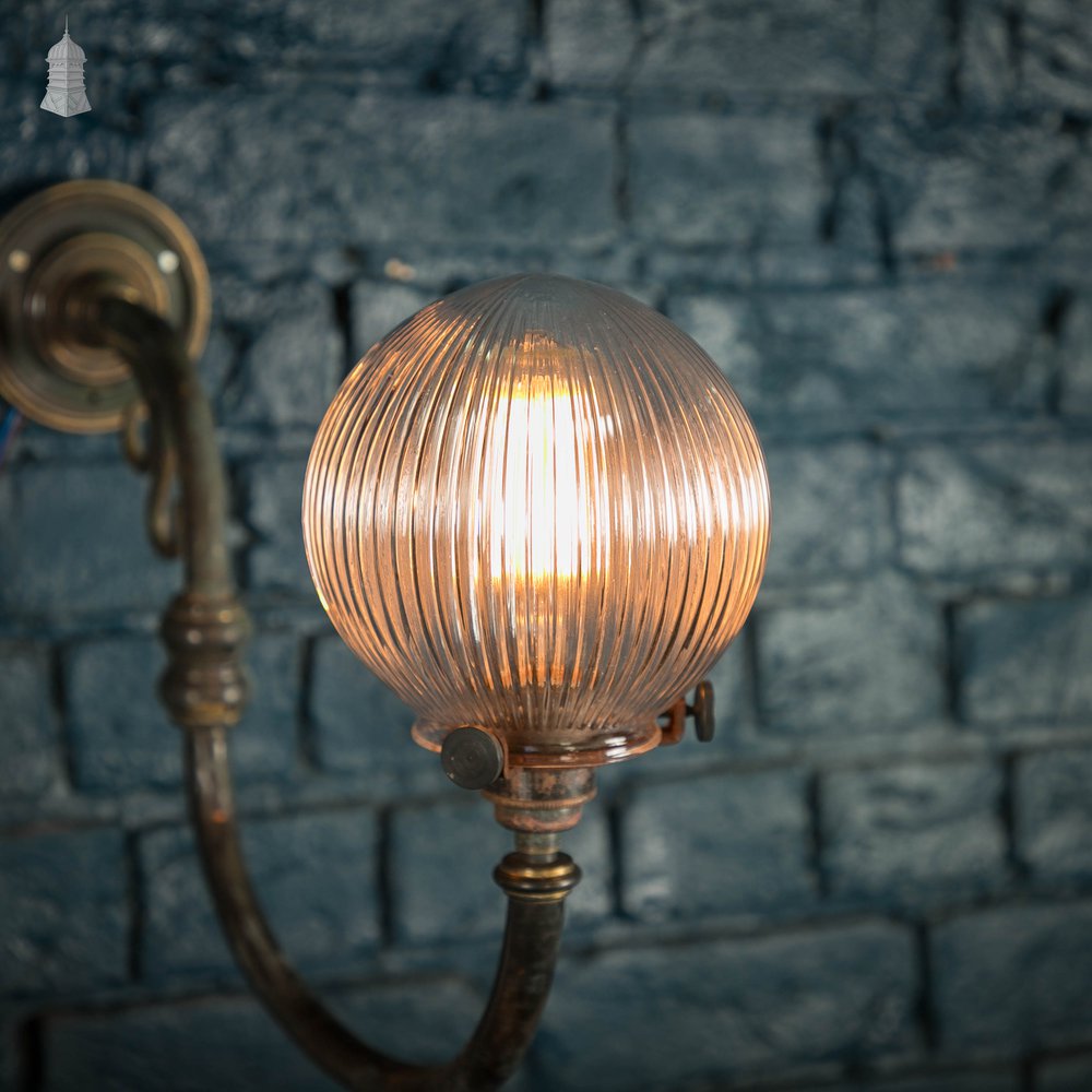 Brass Wall Sconce, Pair with Reeded Glass Dome Shades