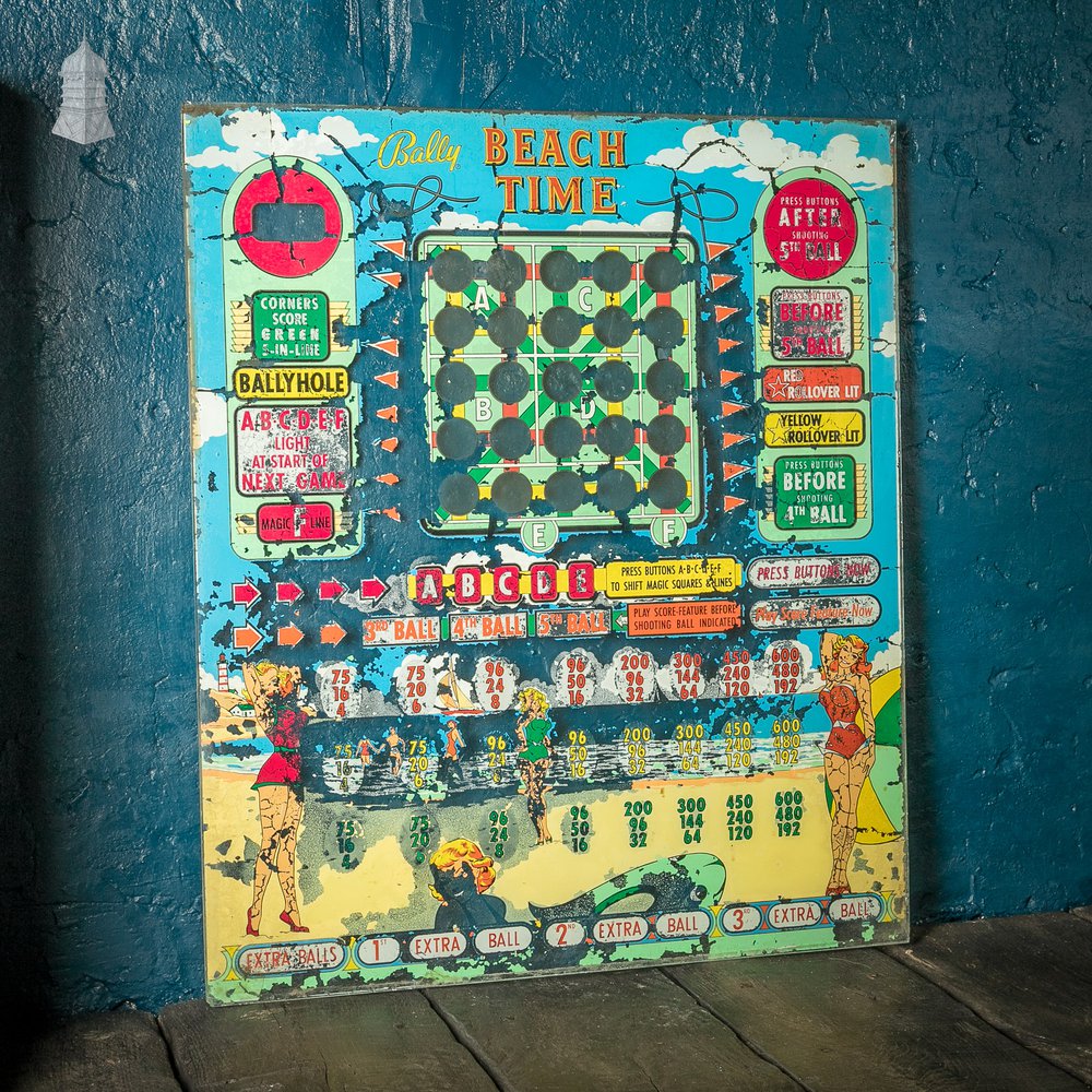 Pinball Machine Back Glass, Vintage Ballyhole ‘Beach time’ Worn Glass Plate