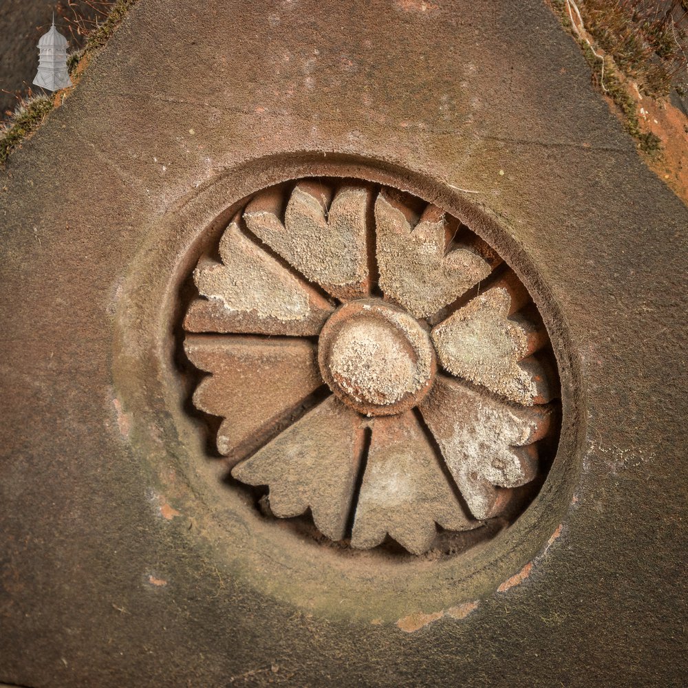 Parapet Coping Bricks, Decorative Rose Detail, 19th C Weathered Red Clay, Pair