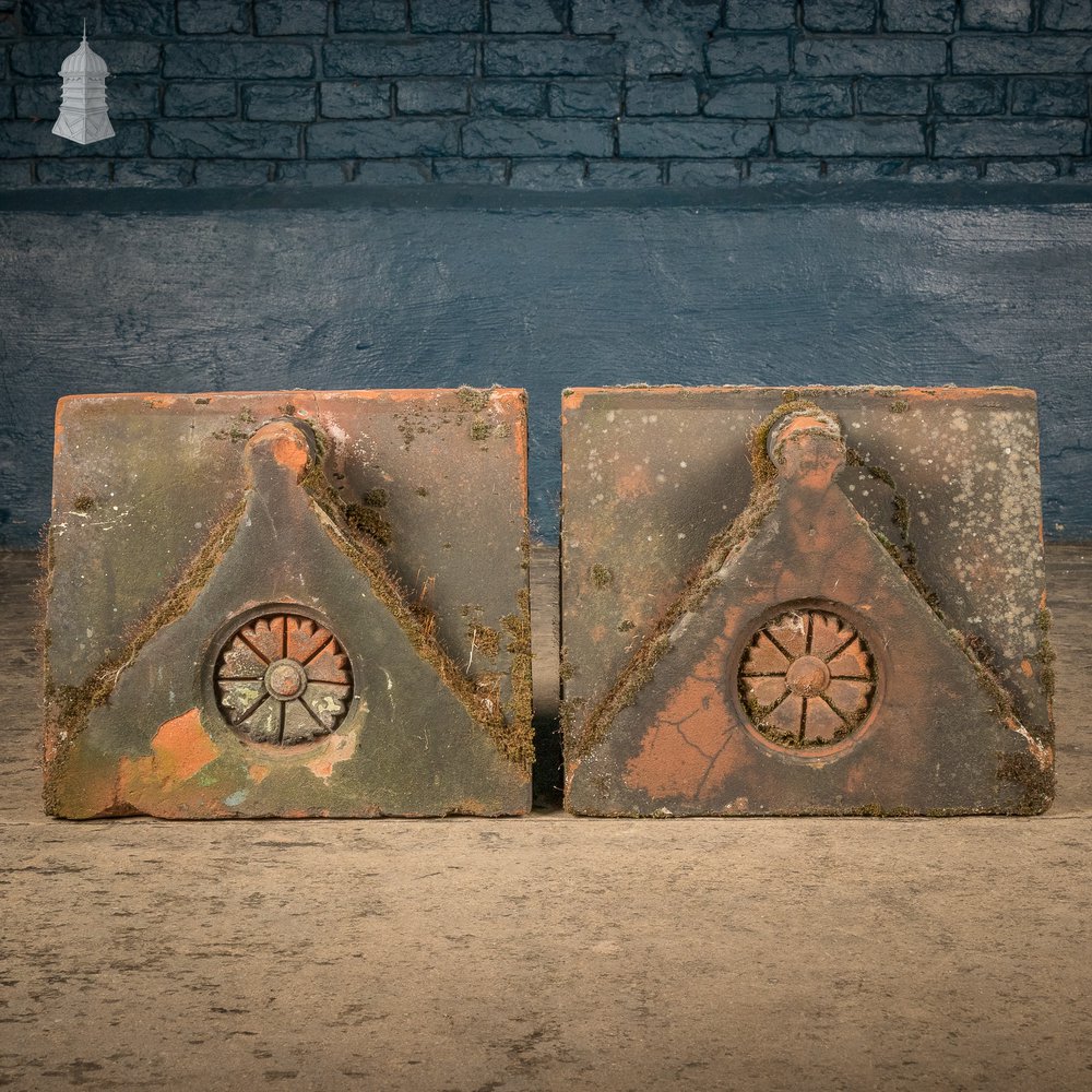 Parapet Coping Bricks, Decorative Rose Detail, 19th C Weathered Red Clay, Pair