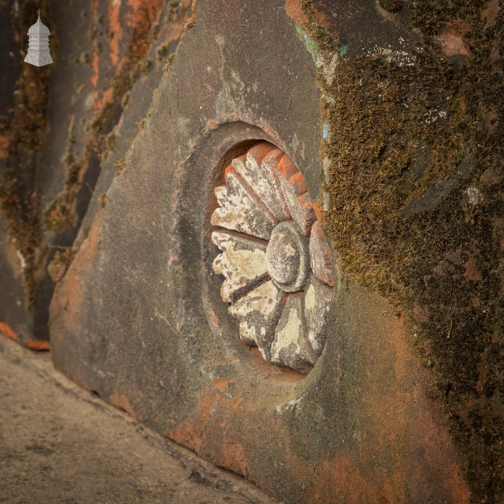 Parapet Coping Bricks, Decorative Rose Detail, 19th C Weathered Red Clay, Set of Three