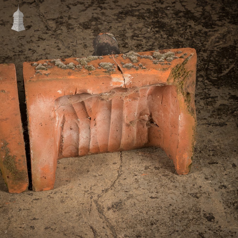 Parapet Coping Bricks, Decorative Rose Detail, 19th C Weathered Red Clay, Set of Three