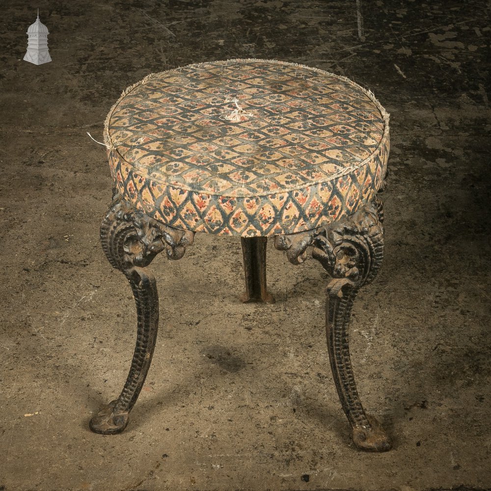 Round Foot Stool, 19th C Cast Iron base with Upholstered Top