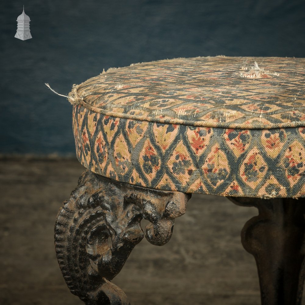 Round Foot Stool, 19th C Cast Iron base with Upholstered Top