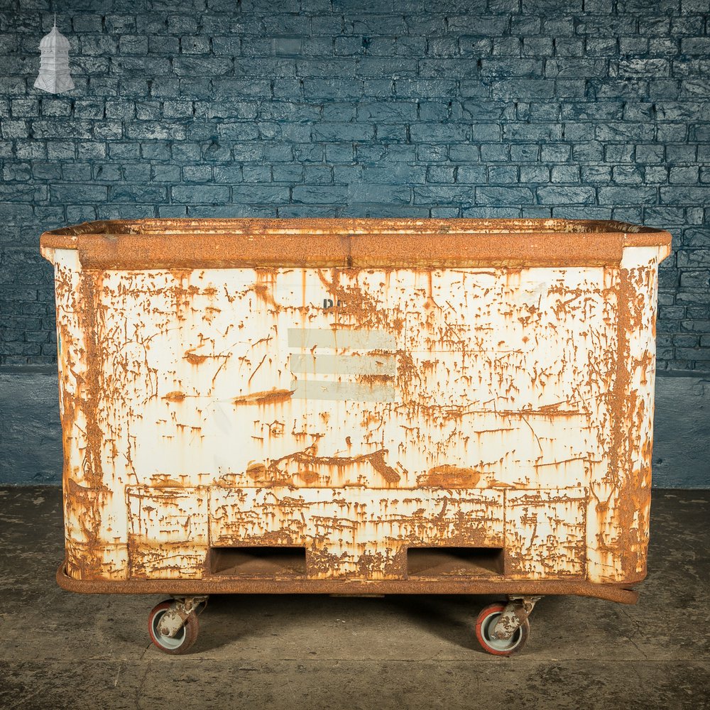 Wheeled Industrial Cart, Rusty Distressed White Painted Steel, Factory Skip