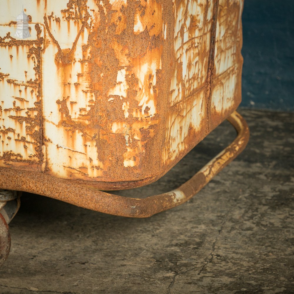 Wheeled Industrial Cart, Rusty Distressed White Painted Steel, Factory Skip