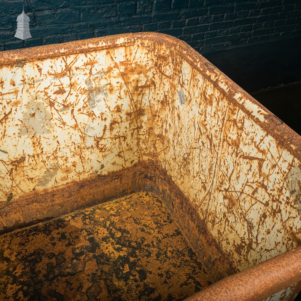 Wheeled Industrial Cart, Rusty Distressed White Painted Steel, Factory Skip