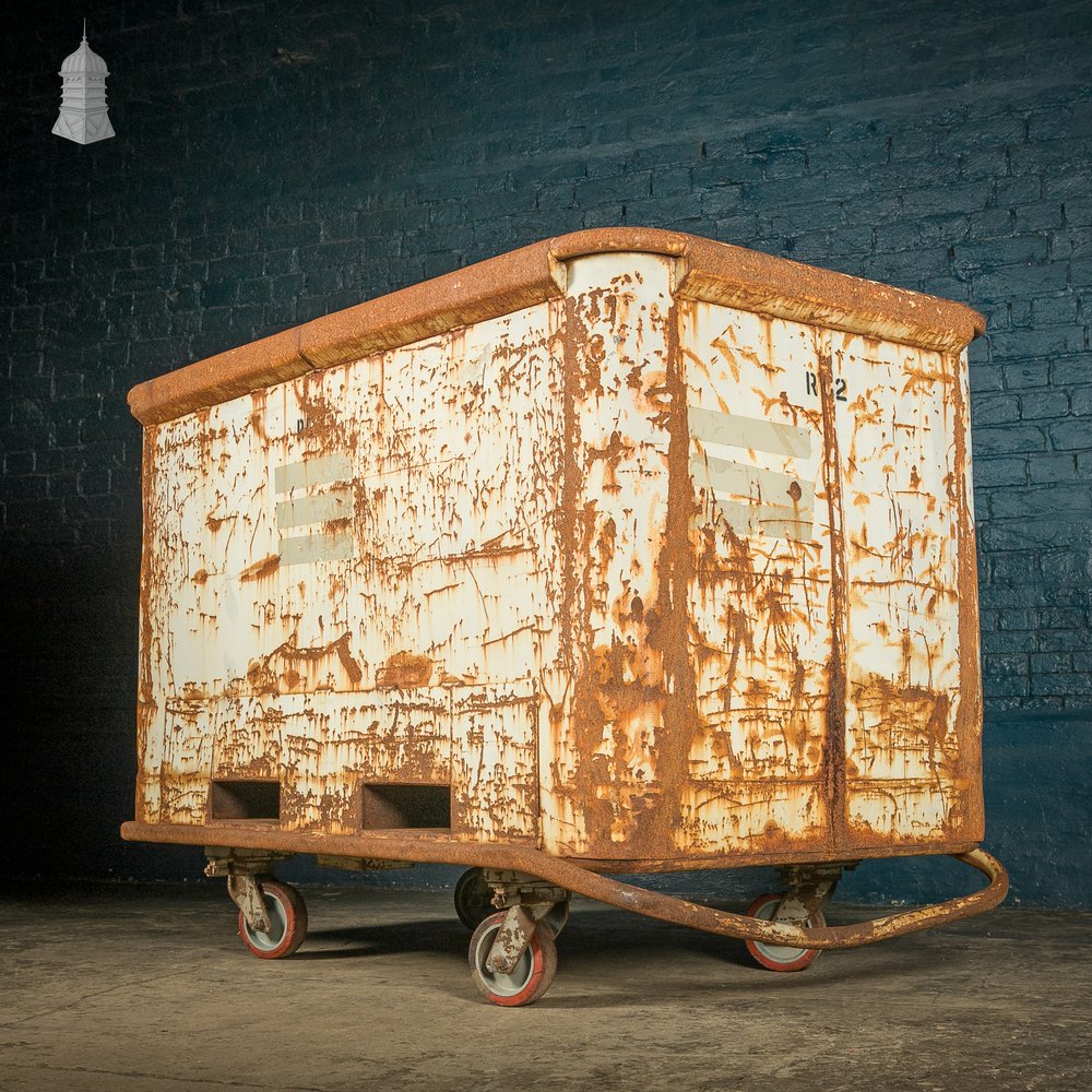 Wheeled Industrial Cart, Rusty Distressed White Painted Steel, Factory Skip