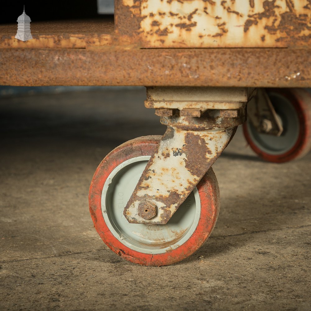 Wheeled Industrial Cart, Rusty Distressed White Painted Steel, Factory Skip