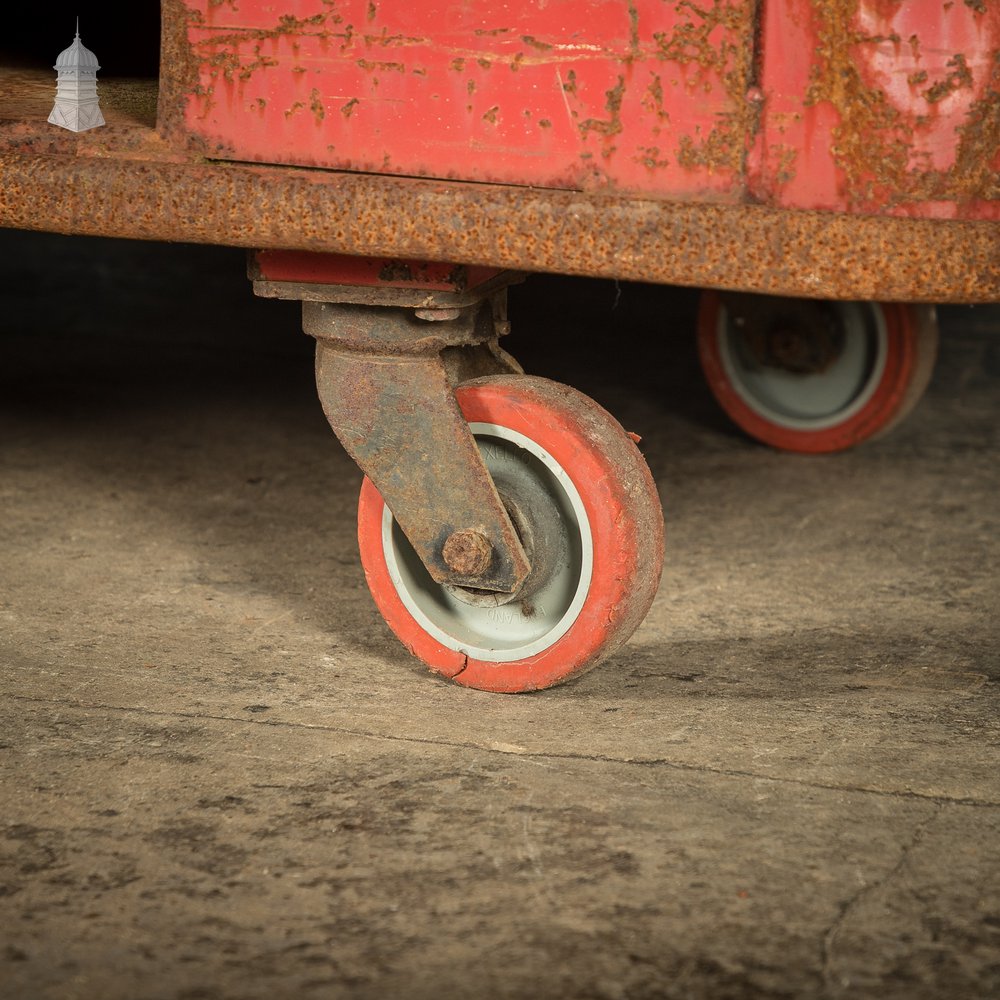 Wheeled Industrial Cart, Rusty Distressed Red Painted Steel, Factory Skip