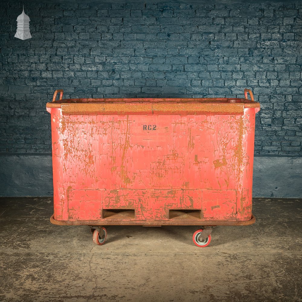 Wheeled Industrial Cart, Rusty Distressed Red Painted Steel, Factory Skip