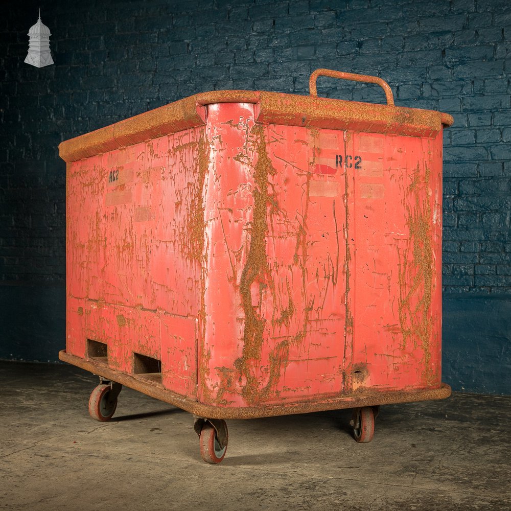 Wheeled Industrial Cart, Rusty Distressed Red Painted Steel, Factory Skip