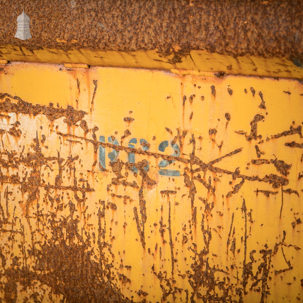 Wheeled Industrial Cart, Rusty Distressed Yellow Painted Steel, Factory Skip