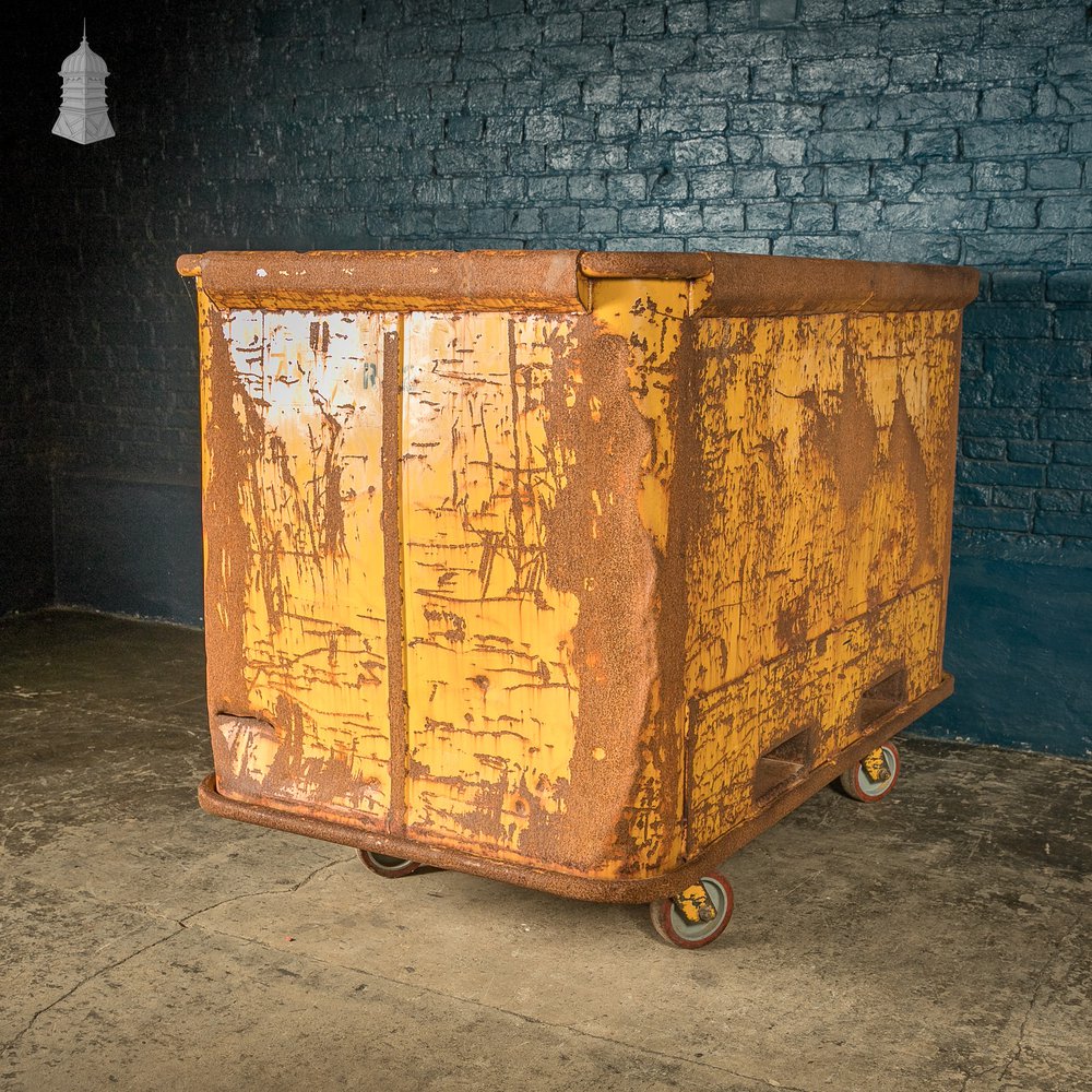 Wheeled Industrial Cart, Rusty Distressed Yellow Painted Steel, Factory Skip