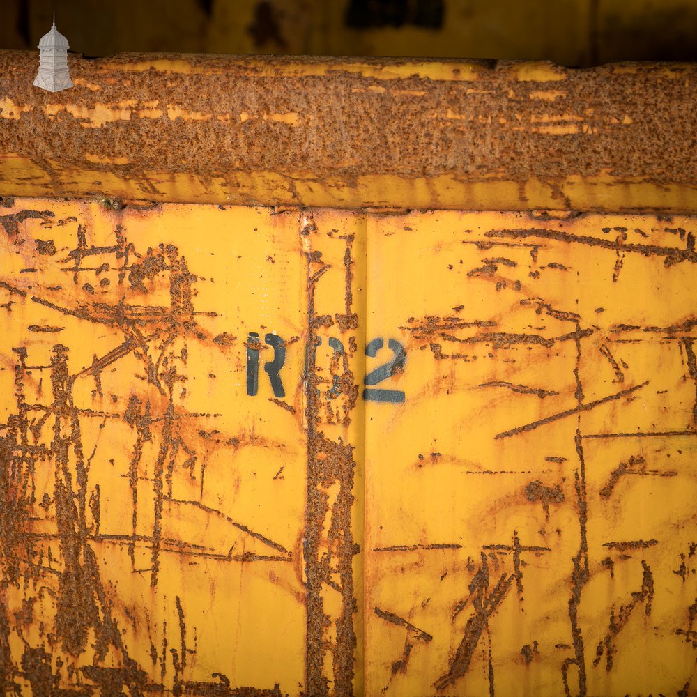 Wheeled Industrial Cart, Rusty Distressed Yellow Painted Steel, Factory Skip