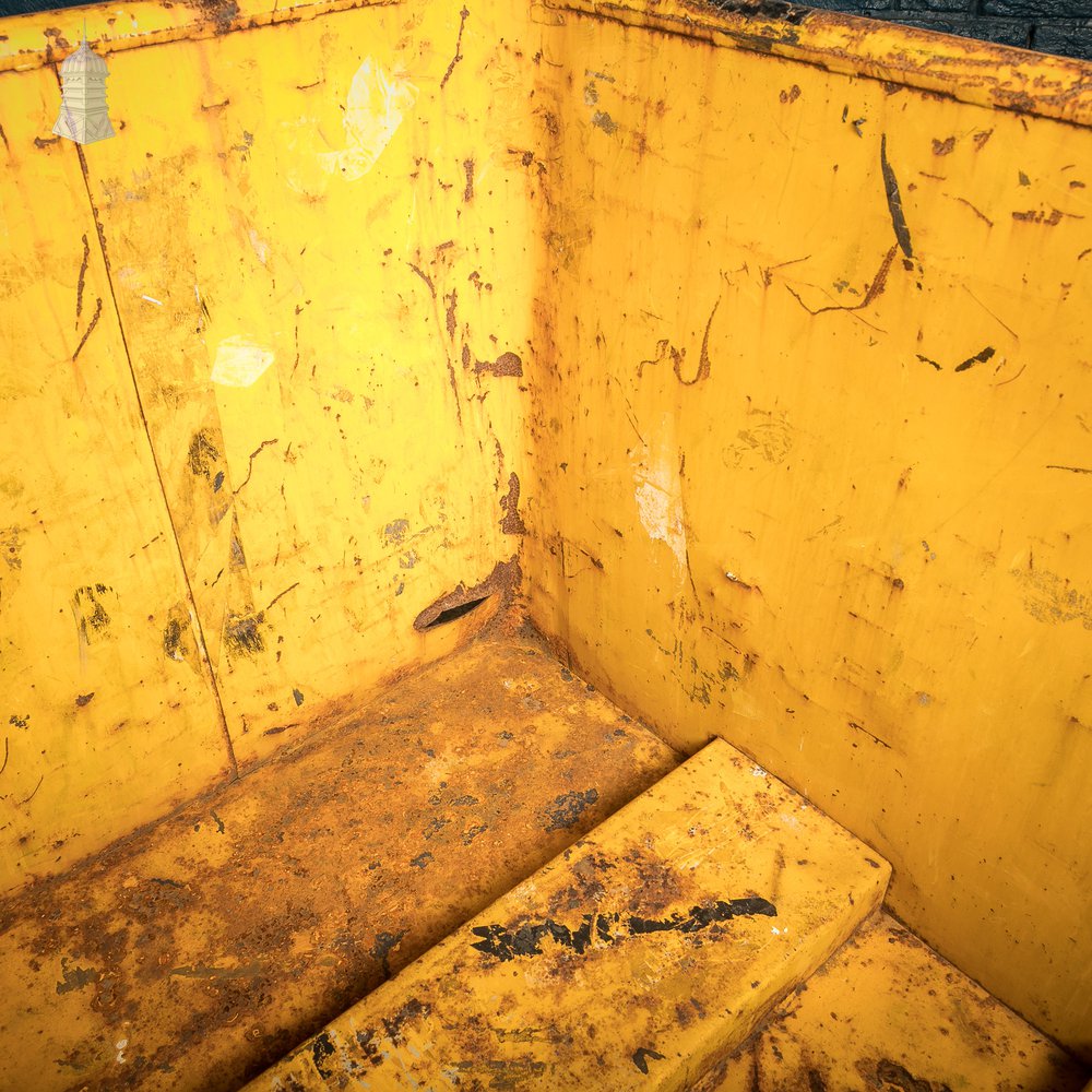 Wheeled Industrial Cart, Rusty Distressed Yellow Painted Steel, Factory Skip