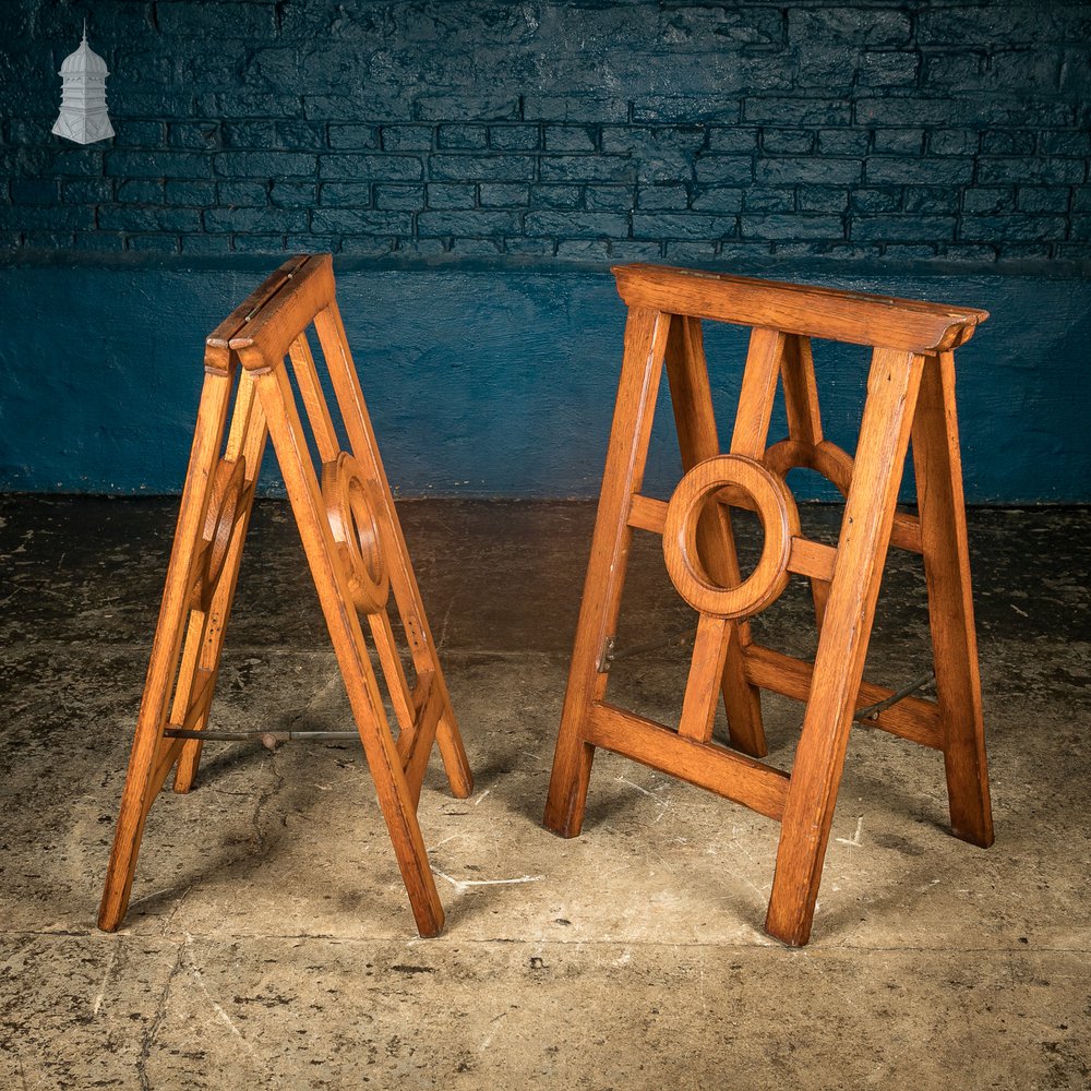 Oak Coffin Stands with circle detail with brass hardware