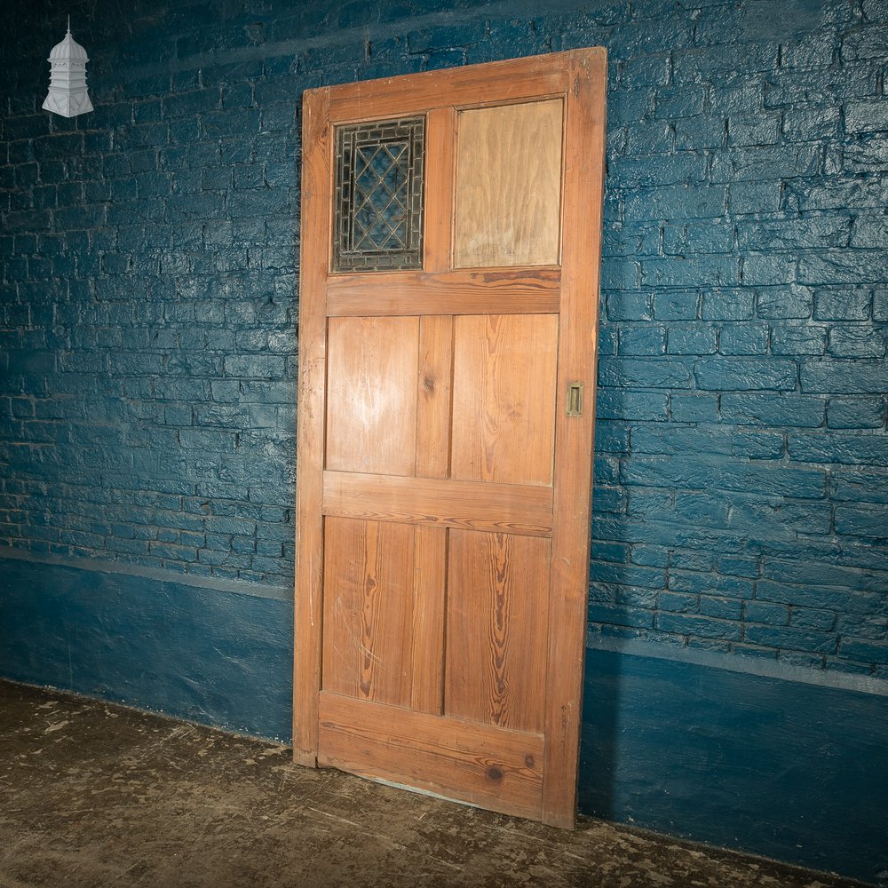 Pitch Pine Paneled Door with Leaded Glass Window, Victorian