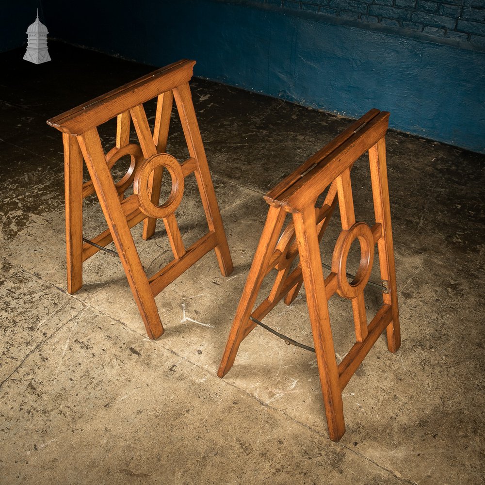 Oak Coffin Stands with circle detail with brass hardware